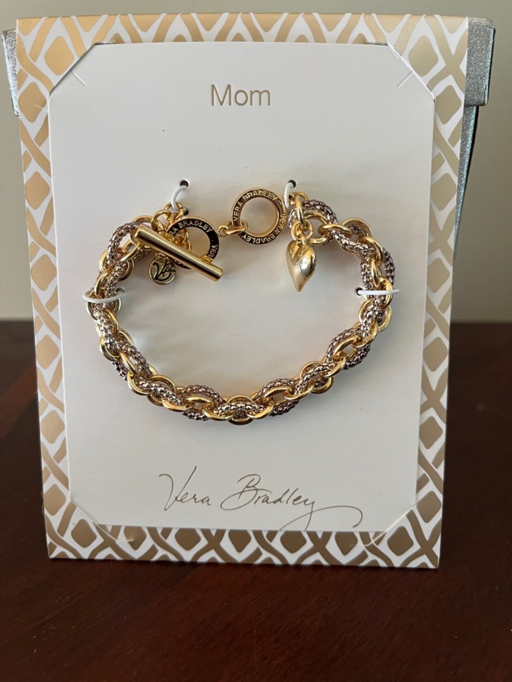 Vera Bradley Two-Tone Gold and Rose Gold Braided Heart Toggle Bracelet